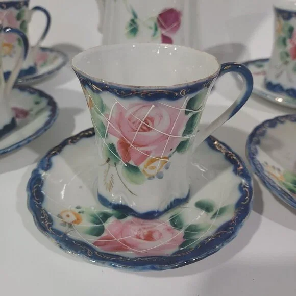 Nippon Hand Painted CHOCOLATE POT Cobalt Blue Gold Florial 12pc Set Antique - Picture 7 of 16